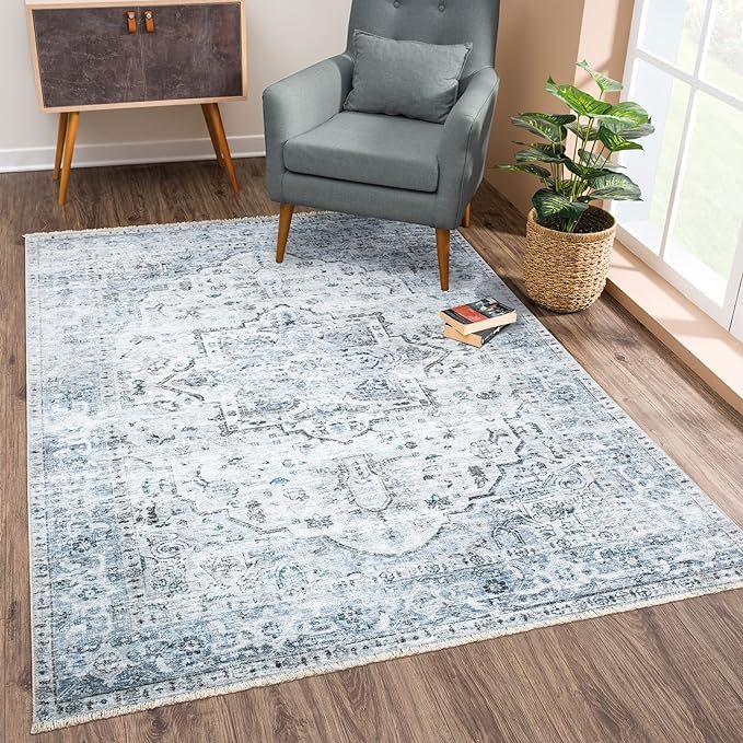 Bloom Rugs Caria Washable Non-Slip 8x10 Rug - Ivory/Blue/Gray Traditional Area Rug for Living Roo... | Amazon (US)
