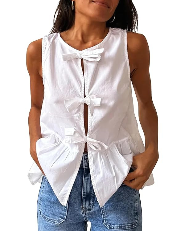 Cioatin Women Sleeveless Bow Tie Front Peplum Tank Tops Loose Fit Cut Out Cotton Babydoll Blouse ... | Amazon (US)