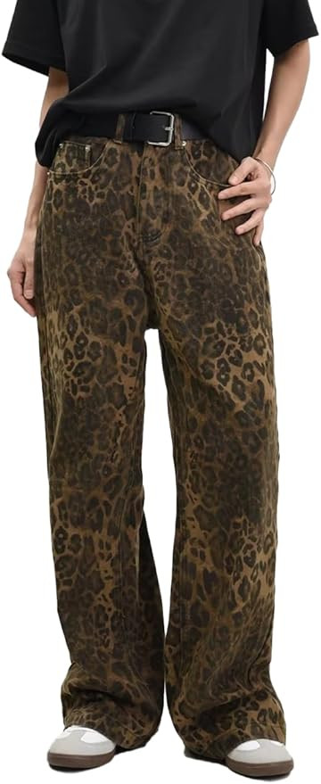Unisex Y2k Leopard Print Jeans Oversized Wide Leg High Waisted Pants Grunge Pants Streetwear Pant... | Amazon (US)