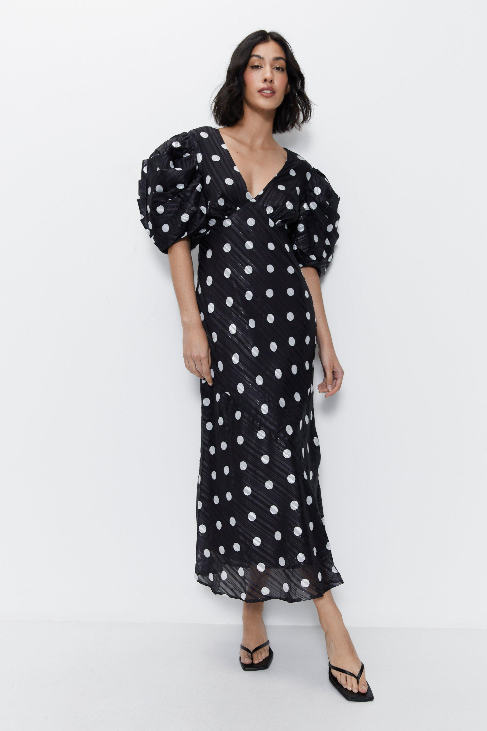 Polka Dot Print Puff Sleeve V Neck Dress | Warehouse UK & IE