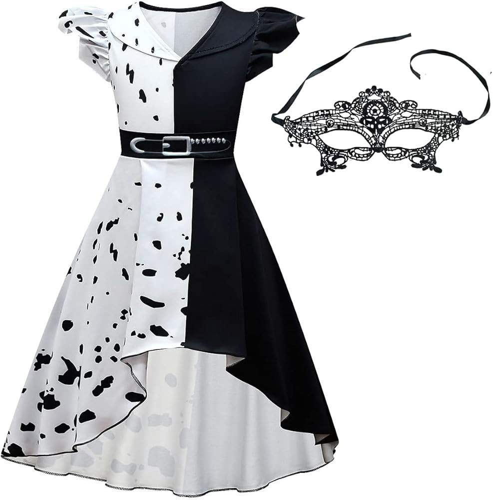 Wenge Kid Cruella Deville Costume for Girls Cosplay Dress with Masks Halloween | Amazon (US)