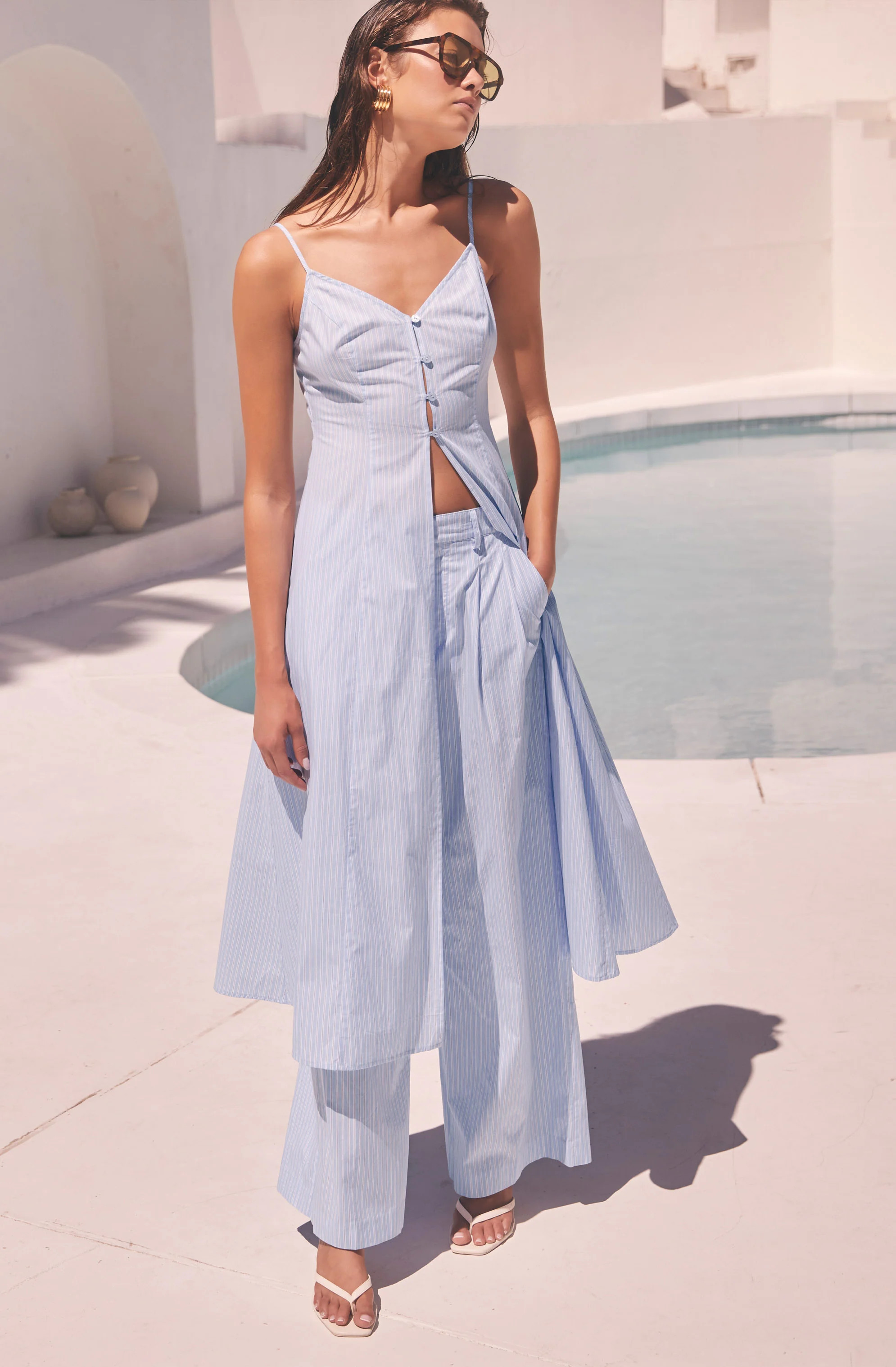 Rena Longline Tunic Top - Blue pinstripe / XS | ASTR The Label (US)