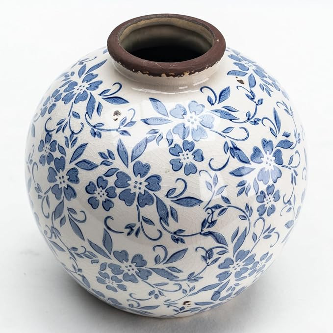 Blue and White Ceramic Vase 8”, Vintage Decorative Pottery Floral Vase for Hydrangeas, Crackle ... | Amazon (US)