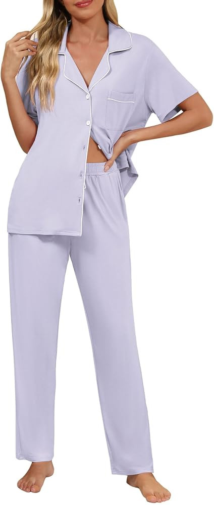 Senert Women Pajamas Set Short Sleeve Sleepwear Button Down Shirt with Long Pants Soft Pjs Set Ni... | Amazon (US)