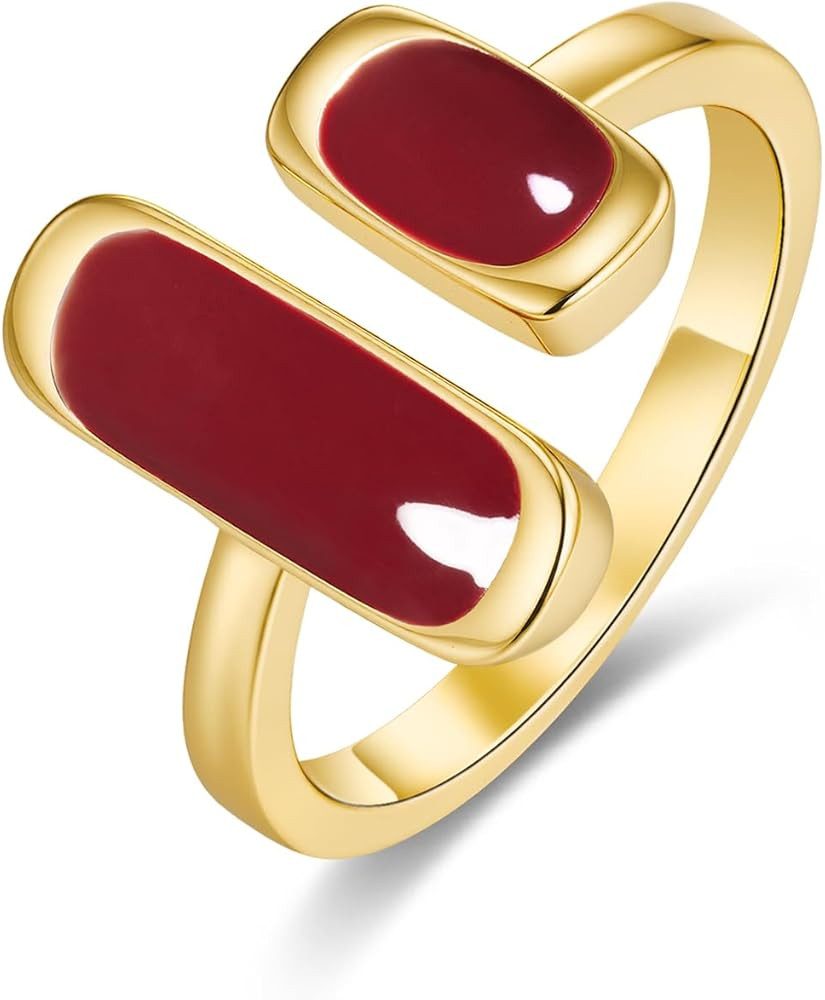 Gold Maroon Burgendy Red Enamel Square Rectagnular Adjustable Statement Open Ring for Women by SN... | Amazon (US)