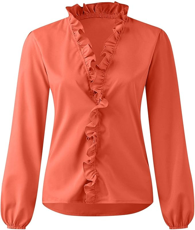 TWGONE Womens Tops 2x Womens Tops Plus Size Woman Temperament Long Sleeve Ruffle Blouse Solid Col... | Amazon (US)