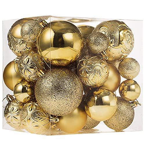 Senjie Gold Shatterproof Christmas Ball Ornaments, 32 Pcs, Plastic, Hanging, Christmas, Wedding | Amazon (US)