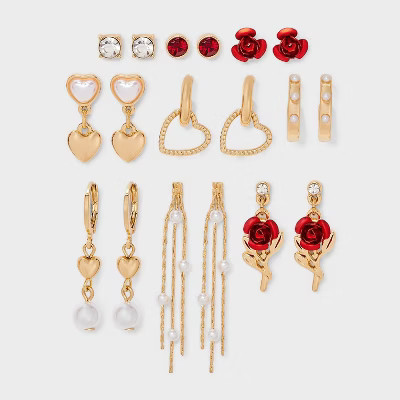 Roses & Hearts Multi Earring Set 9 pc - Wild Fable™ Gold | Target