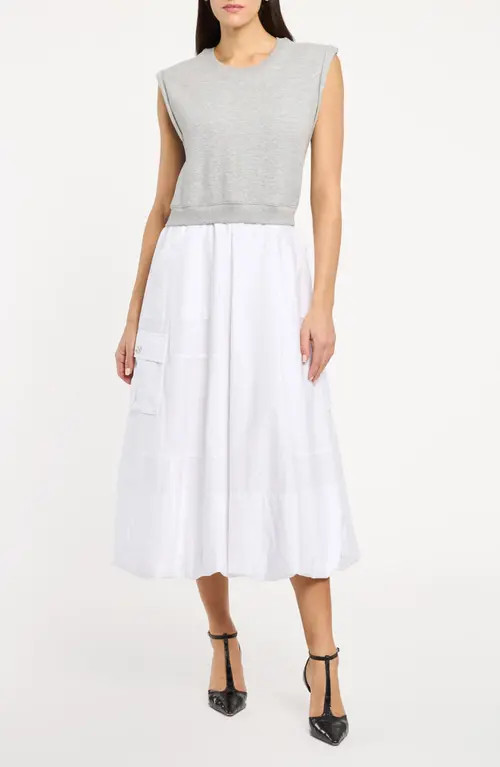 Cinq à Sept Parker Cap Sleeve Mixed Media Midi Dress in Heather Grey/White at Nordstrom, Size Small | Nordstrom
