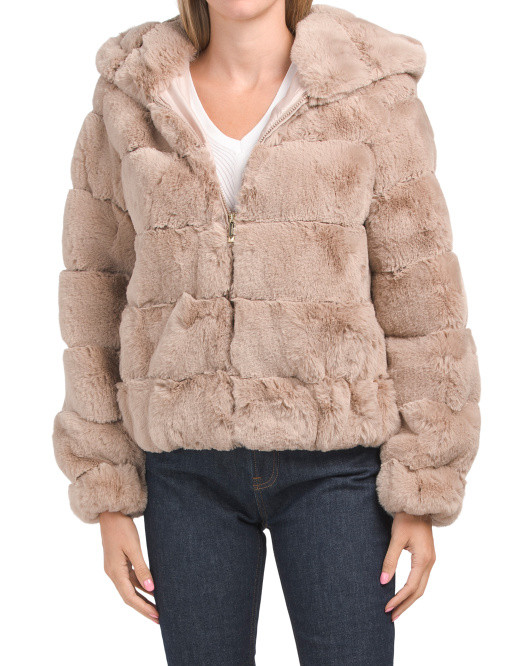 Sculpted Hooded Faux Fur Bomber Jacket | TJ Maxx