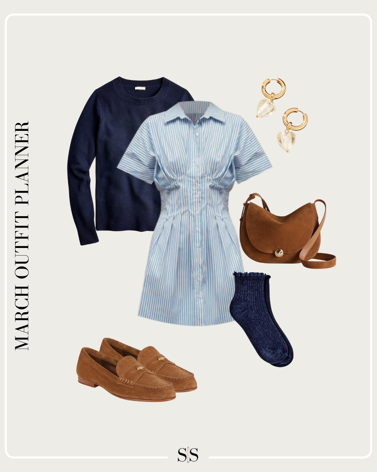Monthly outfit planner MARCH Spotlight: Winter to Spring transitional looks | cinched waist dress, sweater, suede loafers, loafer socks, saddle bag 

#springoutfit #casualstyle #trendingnow 

#LTKStyleTip