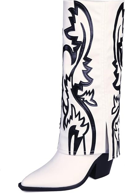 Dsevht Women's Cowboy Boots Pointed Toe White Cowgirl Boots Wide Calf Medium Chunky Heel Fashion ... | Amazon (US)