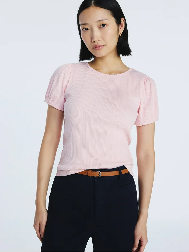 Free Assembly Women's Crewneck Top with Short Puff Sleeves, Sizes XS-XXL | Walmart (US)