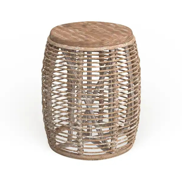 SAFAVIEH Maui Rattan White Washed Drum Stool Accent Table - 17.7" x 17.7" x 18.9" | Bed Bath & Beyond