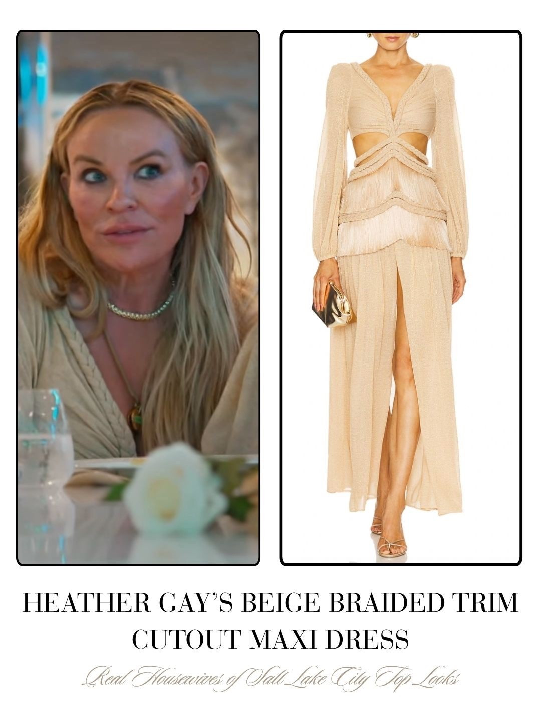 Heather Gay’s Beige Braided Trim Cutout Maxi Dress
