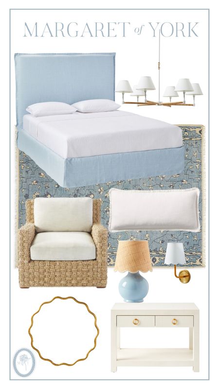 Blue and white bedroom, Serena and Lily, traditional home, decor, traditional style, coastal, coastal Decour, coastal interiors, pale blue lamp, blue rug, white pillow, cream, nightstand, gold mirror, gold scones, scallops, slipcovered bed 

#LTKhome
