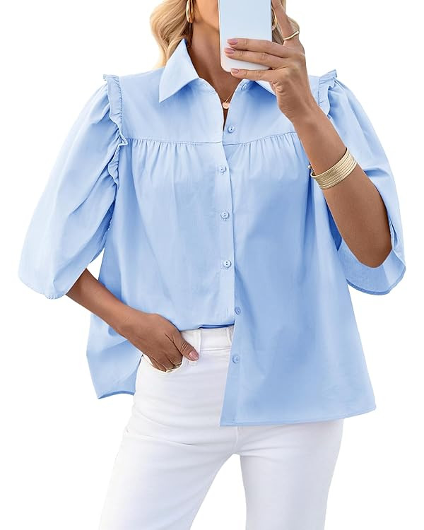 Cicy Bell Womens Summer Button Down Shirts Short Ruffle Puff Sleeve Cotton Blouses Dressy Casual ... | Amazon (US)