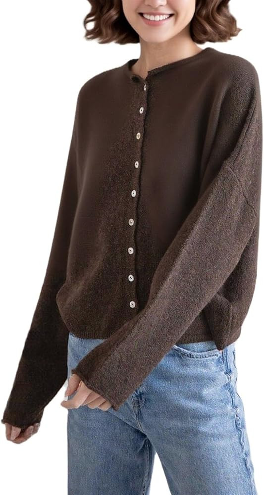 Women Casual Cardigan Sweater Lightweight Loose Crewneck Button Down Long Sleeve Basic Knit Tops | Amazon (US)