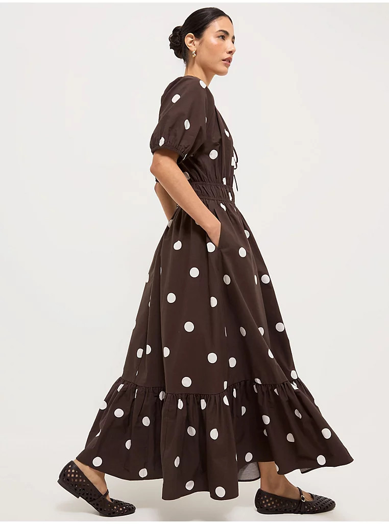 Brown Spotted Shirred Waist Midiaxi Dress | George