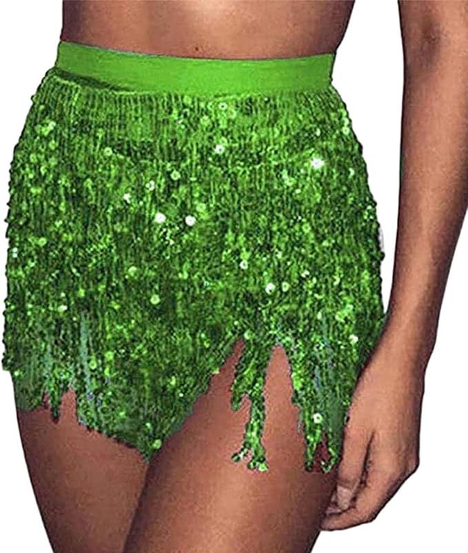 Women Sequin Fringe Hawaiian Hula Grass Mini Skirt Belly Dance Performance Outfits Rave Party Clu... | Amazon (US)