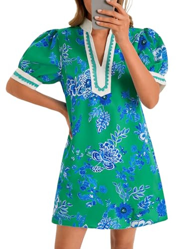 Wenrine Womens Summer Mini Dress Casual Floral Puff Sleeve V Neck Color Block Loose Boho Beach Dresses with Pockets Green | Amazon (US)