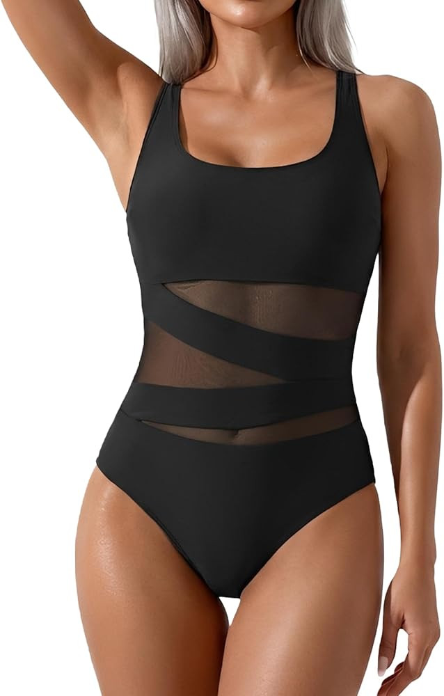 B2prity Women's Mesh One Piece Swimsuit Tummy Control Sexy Bathing Suit Push Up Swim Suit Slimmin... | Amazon (US)