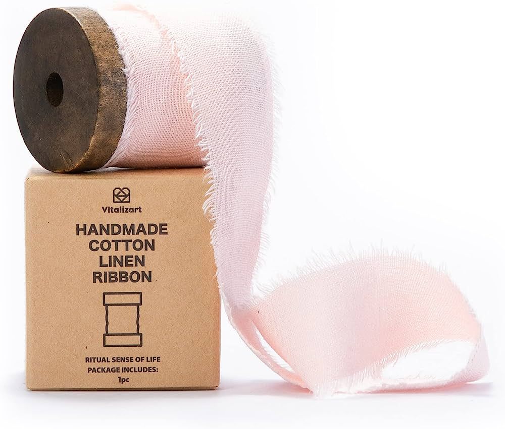 Vitalizart Rose Pink Cotton Linen Ribbon with Spool 1.5" x 5Yd Handmade Fringe Frayed Fabric Clot... | Amazon (US)