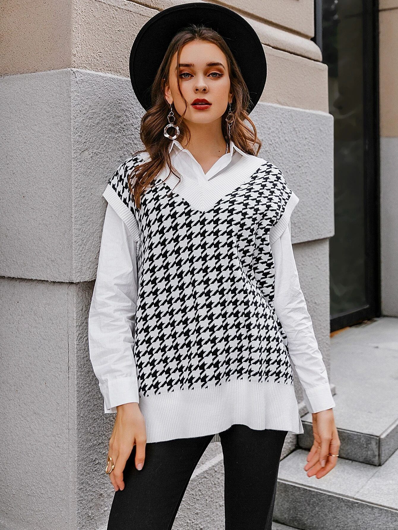 Simplee Split Hem Houndstooth Sweater Vest | SHEIN