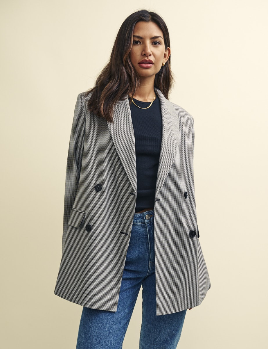 Black Puppytooth Check Double Breasted Blazer | Nobody's Child