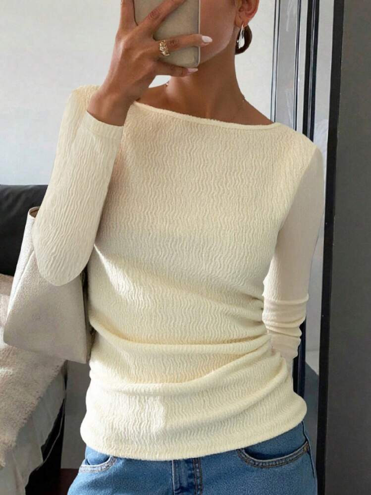 New Textured Off Shoulder Form-Fitting Cap Sleeve Women Top Fall Cloth For Women | SHEIN