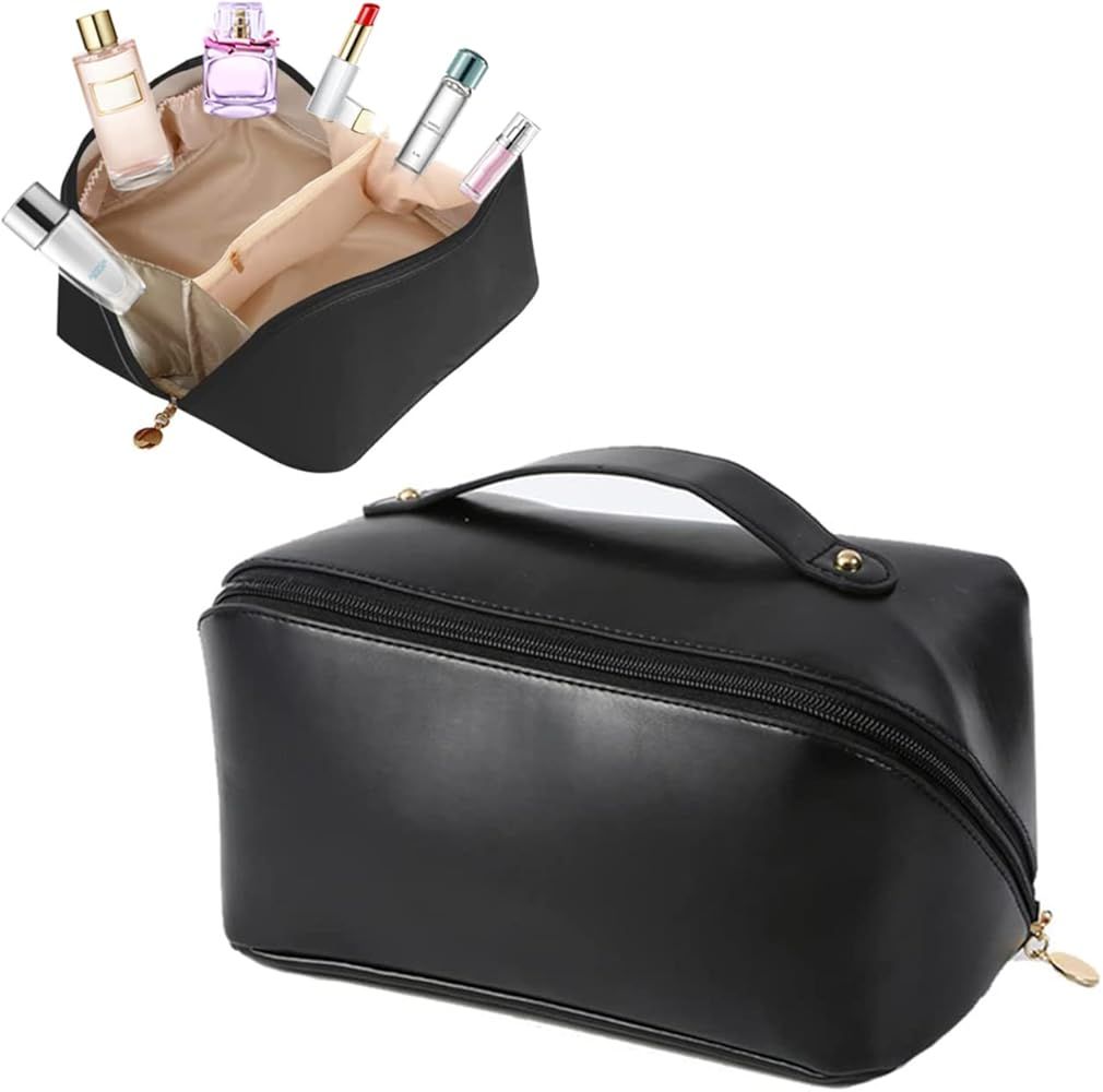Amazon.com: Large-Capacity Travel Cosmetic Bag Leather Makeup Bag Waterproof Portable Cosmetic Ba... | Amazon (US)