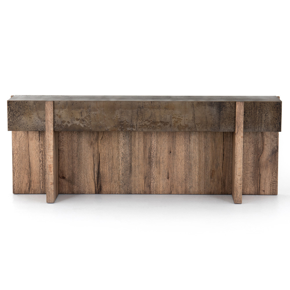 Beth Rustic Black Distressed Iron Top Brown Oak Wood Rectangular Console Table | Kathy Kuo Home