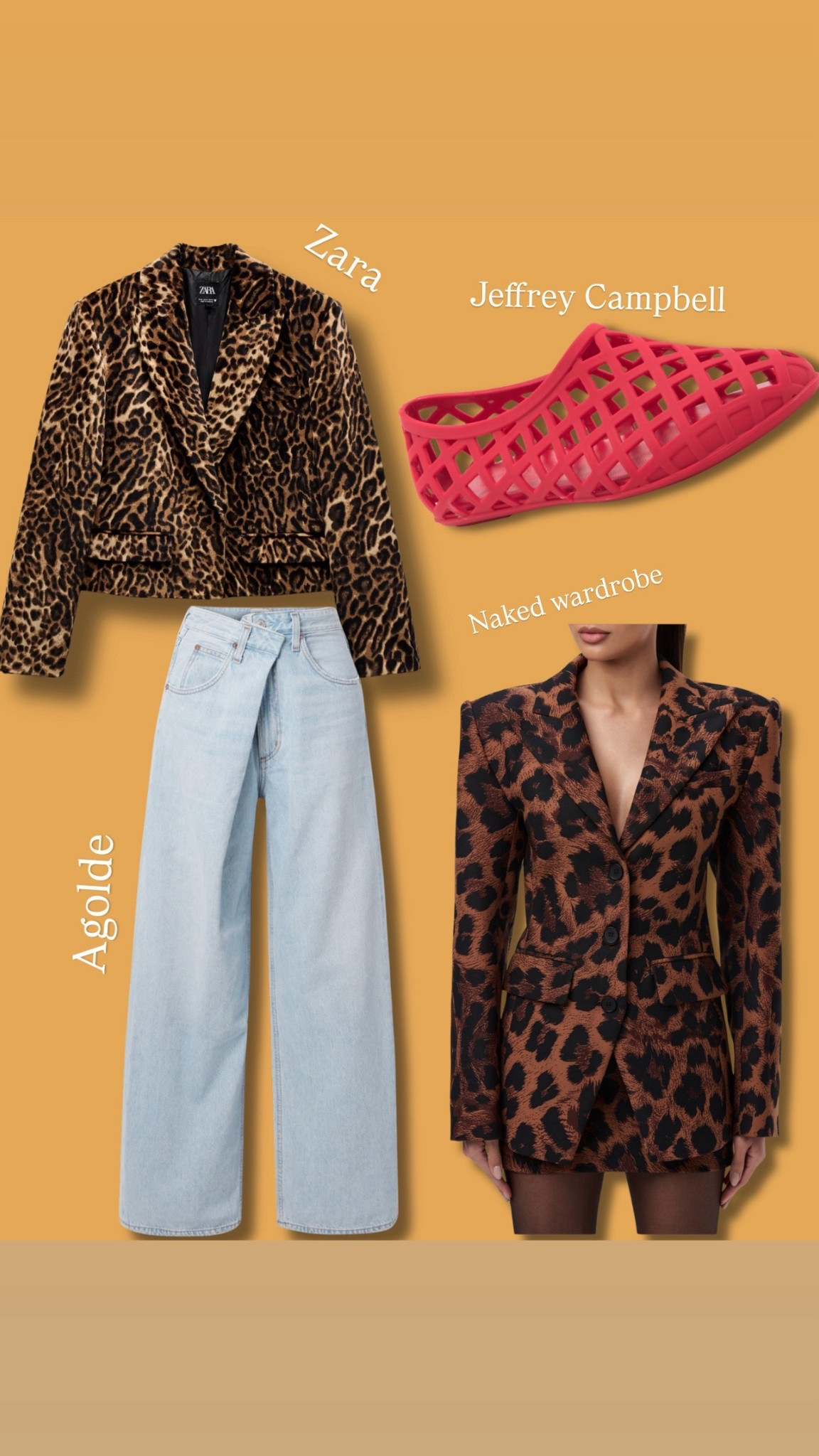 Agolde agolde vana fold wide leg jeans in mantra; Zara leopard suede blazer; Jeffrey Campbell jelly flats; Naked wardrobe blazer 
