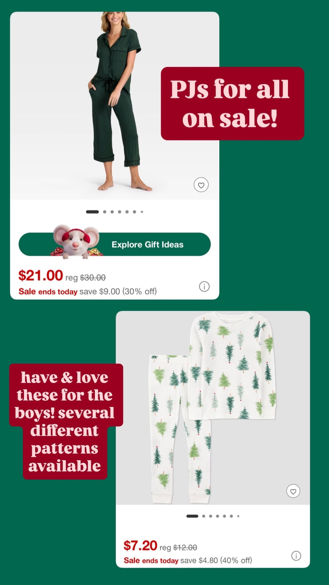 Pajamas at target on sale! I have and love these ones- true to size. Got these Carters ones for the boys too. So affordable and cozy 

#LTKCyberWeek #LTKGiftGuide #LTKHoliday