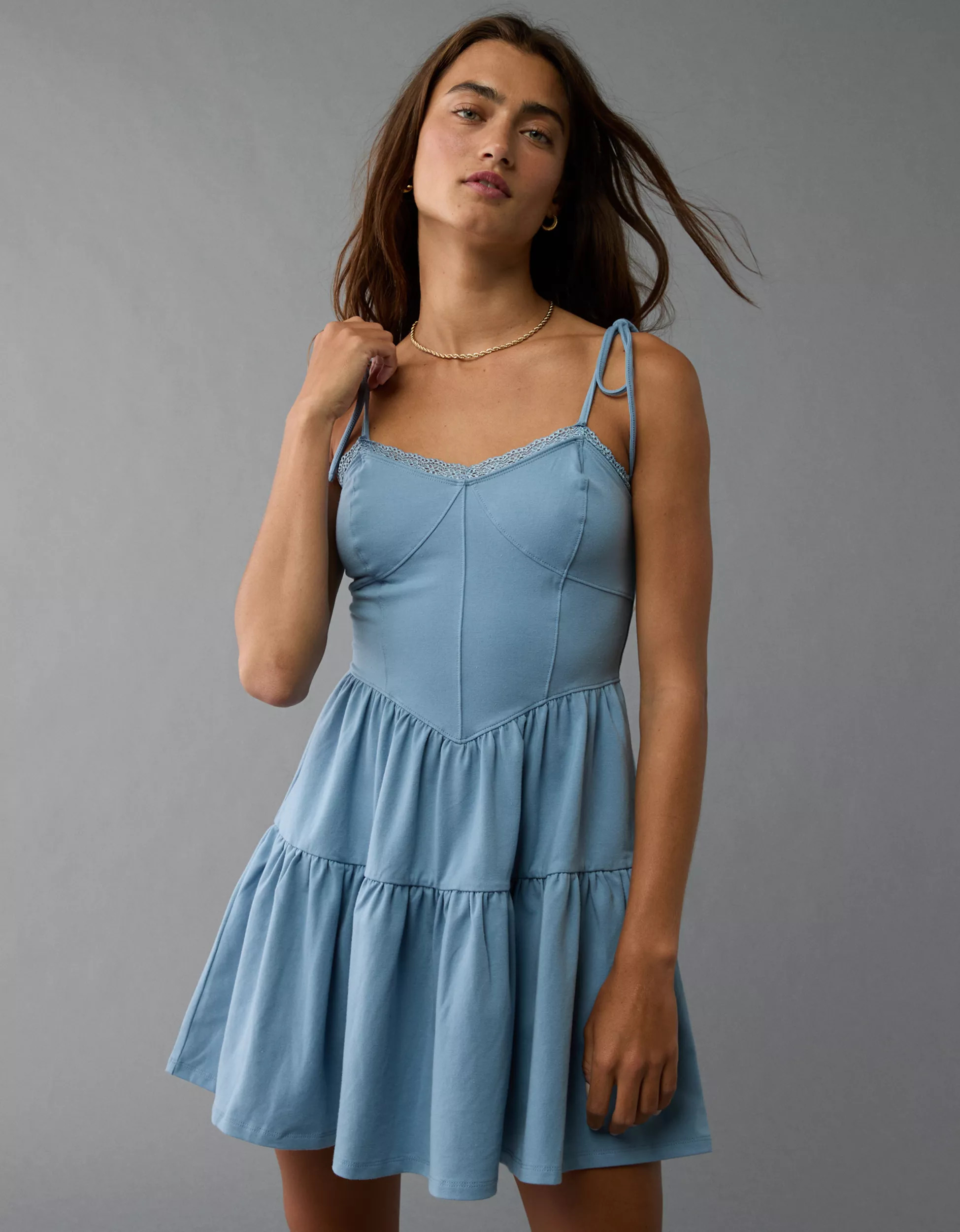 AE Tie Strap Tiered Mini Dress | American Eagle Outfitters (US & CA)