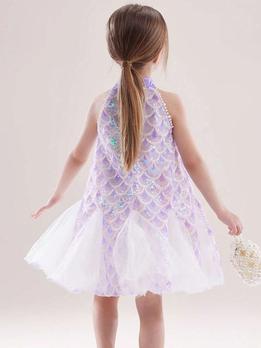 Young Girl Mermaid Mesh Dress Sleeveless White Pearl Fish Scale Sequin Pattern, Suitable For Birt... | SHEIN