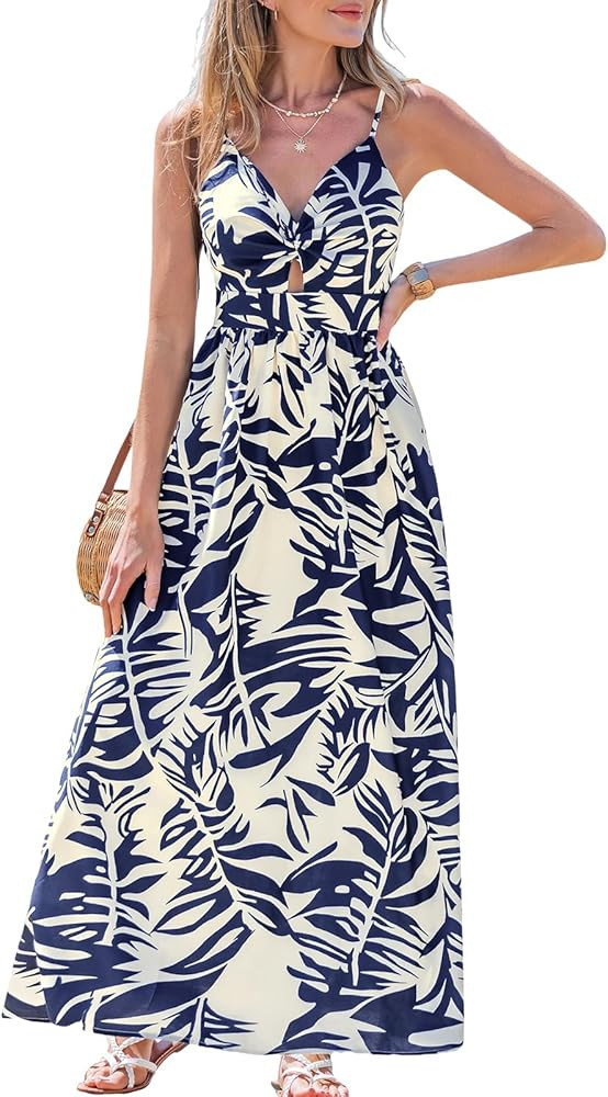 CUPSHE Women's Maxi Dress Floral Print Twisted V Neck Sleeveless Long Dress Summer Casual Dress | Amazon (US)