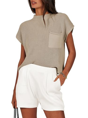 ANRABESS Women's Two Piece Summer Outfits Knit Sweater Short Sets Pullover Tops & Shorts Lounge Matching Clothes Set Khaki White Medium | Amazon (US)