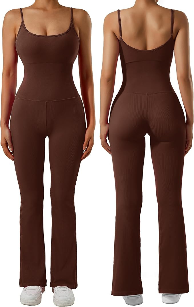 SUUKSESS Women Ribbed Flare One Piece Jumpsuits Seamless Padded Sexy Jumpsuit | Amazon (US)