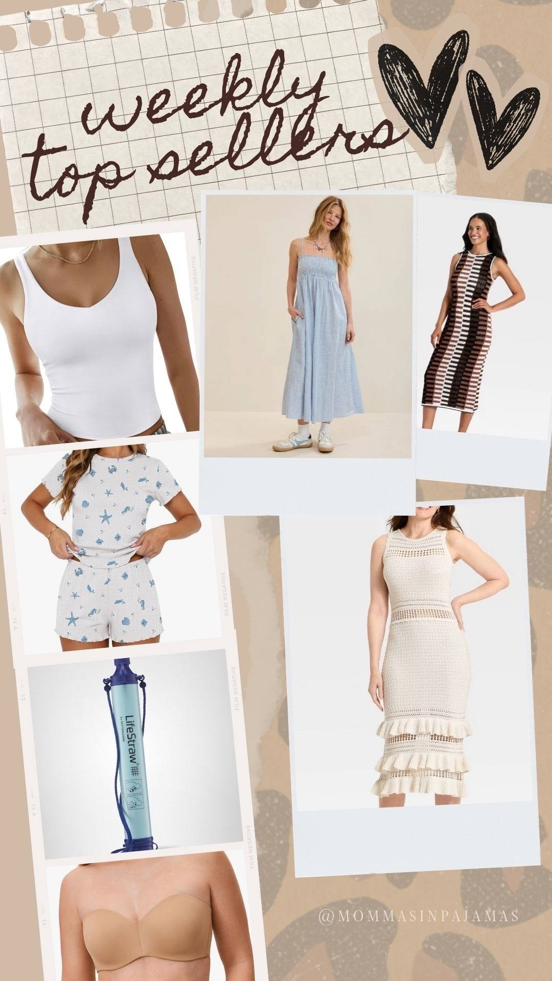 After one of the busiest weeks of the year, these are the bestsellers you are all loving (and I can 100% see why)!
Target: off white ruffle sleeveless sweater dress; brown, black and white sleeveless dress 
Aerie: light blue maxi dress
Amazon: strapless bra, summer themed pajama set, white double lined tank top, and life straw

#LTKPetite #LTKMidsize #LTKSeasonal