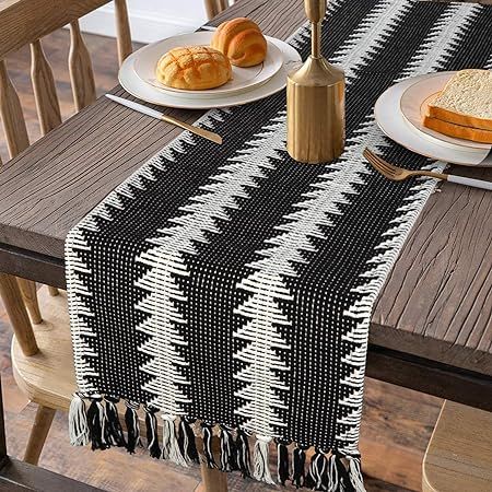 Moroccan Fringe Table Runner 14 in x 102 in, KIMODE Farmhouse Bohemian Geometric Black and White ... | Amazon (US)