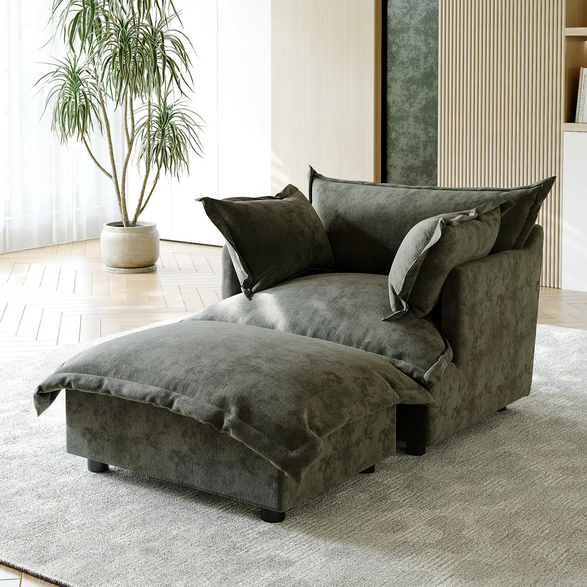 Plush Gray Upholstered Chenille Accent Chair with Oversized Cloud Cushions and Movable Ottoman | Wayfair North America
