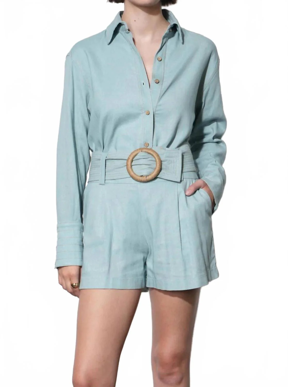 Lily Belted Denim Linen Blend Shorts In Blue | Shop Simon