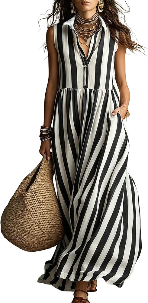 Women Striped Sleeveless Maxi Dress Boho Flowy Summer Beach Long Shirt Dresses Summer Sundress Va... | Amazon (US)