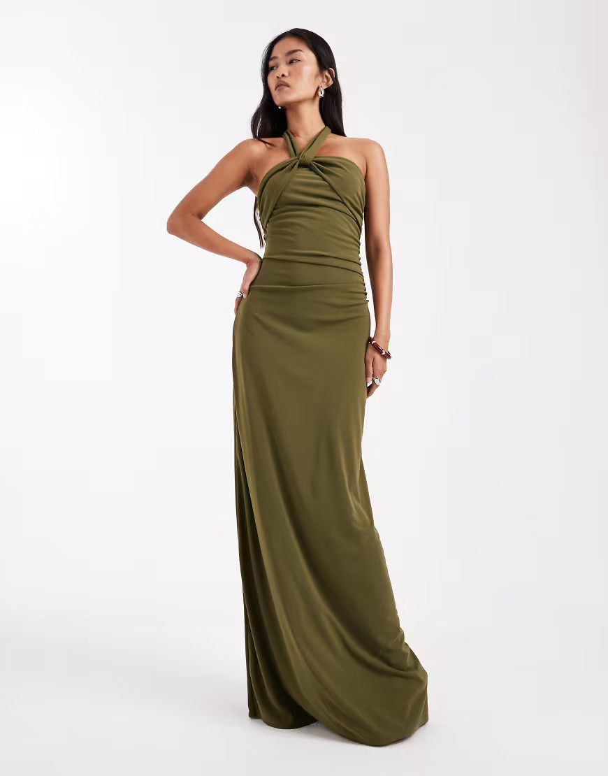 Six Stories Bridesmaids stretch halter neck maxi dress in green | ASOS (Global)