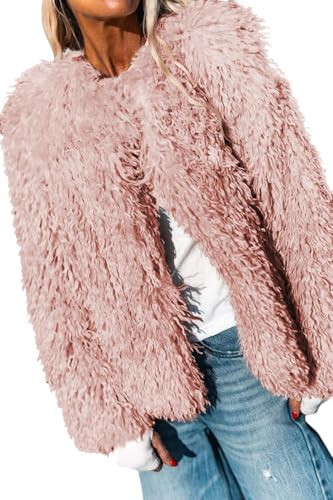 Aoang Women' s Cropped Faux Fur Coat Shaggy Furry Coat Long Sleeve Winter Outerwear Fluffy Pink Jacket Pink L | Amazon (US)