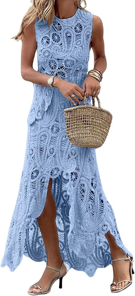 CHARTOU Women Two Pieces Skirt Sets Summer Cut Out Hi-Low Crochet Knit Long Dresses | Amazon (US)