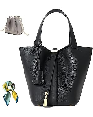 Genuine Leather Bucket Bag for Women: Lock Design Shoulder Handbag Versatile Top-Handle Tote Fash... | Amazon (US)
