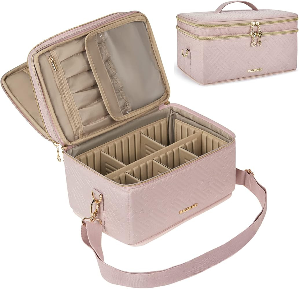 Medium Makeup Bag, BAGSMART Double Layer Large Cosmetic Makeup Organizer Travel Makeup Train Case... | Amazon (US)