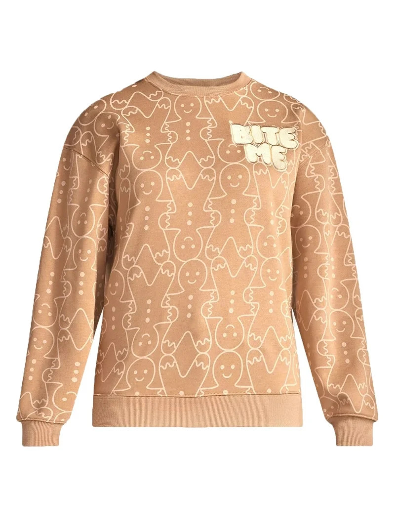 Women's Christmas Bite Me Gingerbread Men AOP Brown Graphic Sweatshirt - Medium | Walmart (US)